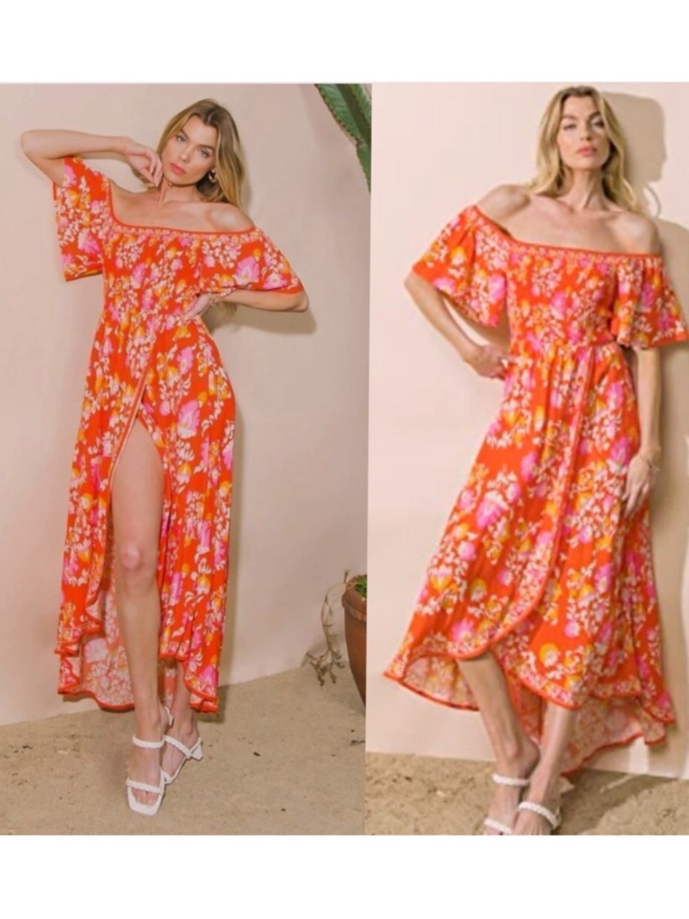Flying Tomato | Vacation Vibes Off The Shoulder Hi Low Smocked Dress New Large